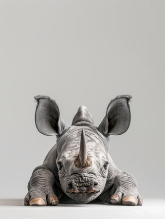 Witness the captivating beauty of an adorable baby rhinoceros resting on a pristine white background This stunning wildlife photograph captures the innocence and vulnerability of this majestic creature, highlighting the urgent need for conservation efforts Its intricate details and captivating gaze convey the raw power and undeniable charm of this endangered species, serving as a poignant reminder of our responsibility to protect these incredible animals AI Generativeの素材
