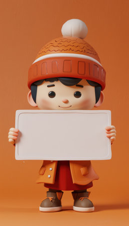 Introducing an adorable child adorned in warm autumnal attire, holding a blank sign ready for your message With a charming orange winter hat and coat, this little one exudes warmth and coziness against a crisp autumn backdrop Perfect for fall and winter themes, this captivating 3D illustration provides ample space for your custom text, making it an ideal choice for a wide range of marketing and personal projects AI Generativeの素材