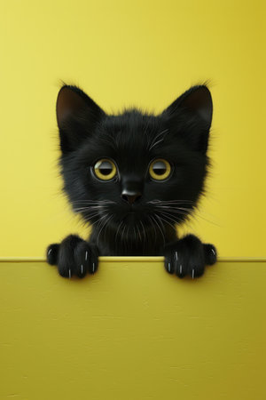 Behold the captivating charm of this adorable black kitten peeking over a vibrant yellow surface Its wide-eyed gaze, playful expression, and velvety black fur will melt your heart This enchanting photo captures the innocence and allure of our furry feline companions, making it a perfect choice for animal lovers and pet enthusiasts who cherish the heartwarming moments shared with their feline friends AI Generativeの素材