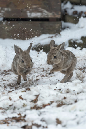 Witness the irresistible cuteness of baby bunnies frolicking in a snowy wonderland Their tiny paws and fluffy tails leave adorable prints in the pristine white, as they hop, bounce, and chase each other with boundless energy Captured in exquisite detail, these precious moments embody the joy and innocence of nature&#39;s playful creatures AI Generativeの素材