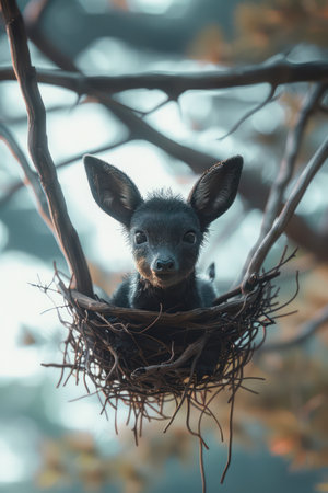 In the emerald embrace of a tranquil woodland, nestled on a verdant tree limb, rests an adorable baby animal Bathed in golden sunlight, it slumbers soundly, its tiny body curled in a perfect sphere of contentment The whisper of leaves above creates a gentle lullaby, further deepening its peaceful slumber Capture the essence of this heartwarming scene, where innocence and tranquility intertwine in a timeless symphony of nature&#39;s beauty AI Generativeの素材