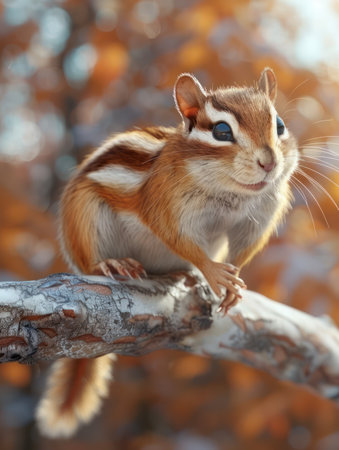A captivating glimpse into nature&#39;s splendor, this photo captures an adorable chipmunk perched on a branch amidst vibrant autumn foliage The bokeh background creates a dreamy effect, blurring out the surroundings and enhancing the focus on the subject The chipmunk&#39;s curious gaze and playful demeanor add charm to this enchanting wildlife moment AI Generativeの素材