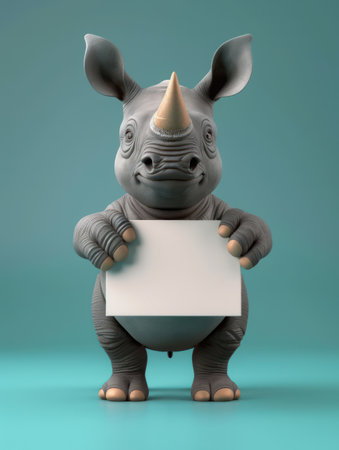 **Capture the Cuteness!**

Introducing the ultimate backdrop for your whimsical announcements: an adorable baby rhino, holding a blank sign just waiting for your witty captions From playful marketing campaigns to heartwarming greetings, let this charming mascot inspire your creativity and spread smiles with ease AI Generativeの素材