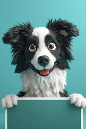 An inquisitive black and white dog peers over a blank white sign mounted on a vibrant teal backdrop With its captivating gaze, the dog&#39;s charming expression adds an irresistible appeal to the image The blank sign invites your message, making it perfect for branding, marketing, or personalizing with a special sentiment The dog&#39;s endearing presence adds a playful and heartwarming touch to any design AI Generativeの素材