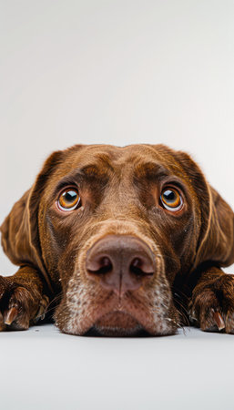 A captivating close-up portrait of an adorable brown dog, its soulful eyes gazing directly at the camera Set against a pure white background, the dog's melancholic expression evokes empathy and warmth This high-quality image is ideal for pet lovers, animal photography enthusiasts, and anyone seeking to capture the irresistible charm of canine companions AI Generativeの素材