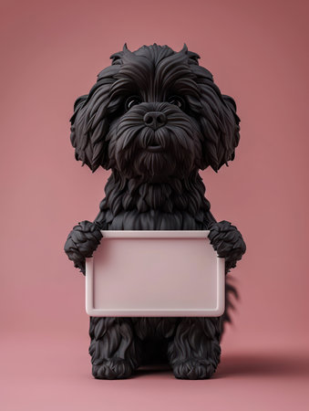 Presenting an adorable black shaggy dog, its fluffy fur a captivating backdrop for your custom messages The blank signboard it holds offers a perfect canvas for pet announcements, heartfelt expressions, or playful poster designs Set against a vibrant pink background, this image exudes warmth and cuteness, making it an ideal choice for heartwarming creations AI Generativeの素材