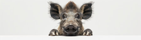Capture the irresistible charm of a wild boar in this captivating close-up Its curious eyes gleam with intelligence as it peers over a pristine white surface, creating a striking minimalist composition The boar&#39;s playful expression and intricate textures evoke a sense of wonder and connection with nature, making it a delightful addition to any collection or decor AI Generativeの素材