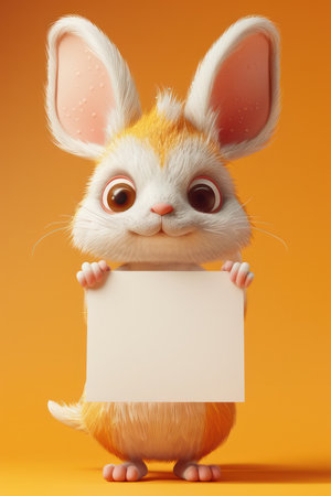 Enchanting cartoon bunny with a playful expression, holding a blank sign against a vibrant orange backdrop Ideal for conveying heartfelt messages, delightful announcements, or captivating children&#39;s imaginations Customizable with your text and designs, making it perfect for commercial campaigns, social media graphics, and educational materials AI Generativeの素材