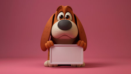 Unleash your creativity with this adorable cartoon dog holding a blank sign, ready to display your custom messages Its playful and fun expression will surely add charm to your art, crafts, cards, and any personalized project Set against a vibrant pink backdrop, this cute illustration is the perfect canvas for your imaginative ideas AI Generativeの素材