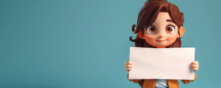 Captivating cartoon character adorns a blank sign against a vibrant blue backdrop, offering a playful canvas for your custom messages Perfect for eye-catching announcements, creative designs, and engaging marketing campaigns on social media and beyond Express your brand&#39;s personality, share important updates, or spark imagination with this versatile and adorable visual asset AI Generativeの素材