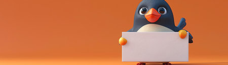 This charming cartoon penguin, with its whimsical expression and plump belly, proudly displays a blank white sign against a vibrant orange backdrop The sign provides ample space for messages, promotions, or announcements, making it perfect for a variety of creative and engaging uses The penguin&#39;s adorable demeanor and eye-catching colors ensure that your message will stand out and captivate your audience AI Generativeの素材