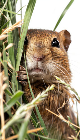 Witness the irresistible charm of nature&#39;s miniature marvel! This captivating close-up captures an inquisitive rodent peeking through towering blades of grass Its curious gaze and playful demeanor evoke a sense of whimsy and tranquility, reminding us of the hidden wonders that lie within the natural world AI Generativeの素材