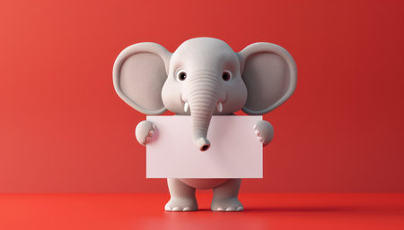 Adorable cartoon elephant holds a blank sign against a vibrant red background, leaving ample space for custom messages or creative designs The elephant&#39;s playful expression and cheerful demeanor make it perfect for conveying a range of emotions and ideas AI Generativeの素材