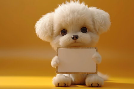 Capture the irresistible charm of a fluffy puppy with our captivating photo! Featuring an adorable ball of fur holding a blank sign on a vibrant yellow background, this image exudes cuteness and warmth Perfect for personalizing messages, animal lovers, and creative projects, it&#39;s a delightful companion for social media, posters, and cards that will melt hearts and inspire smiles AI Generativeの素材