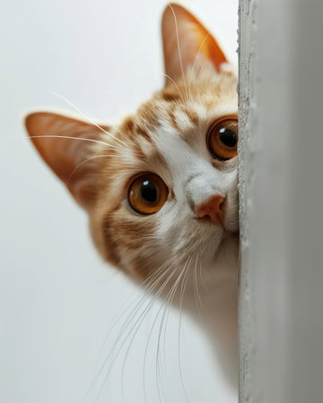 An enchanting ginger cat with wide, curious eyes peers around a corner, its playful nature and endearing curiosity evident in every detail Its whiskers twitch with anticipation, and its ginger fur radiates warmth and charm This captivating image conveys a sense of innocence, wonder, and a hint of mischief, making it an irresistible addition to any collection AI Generativeの素材