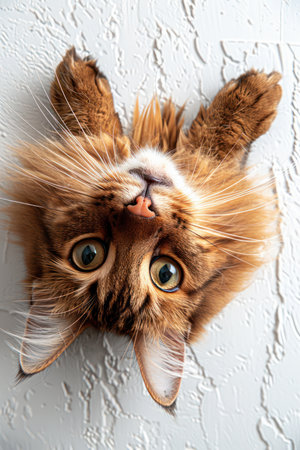 Behold the captivating charm of this adorable feline! Its soft, fluffy body lies playfully upside down, revealing its big eyes and curious whiskers This heartwarming scene captures the playful innocence of a cat, inviting you to embrace its irresistible cuteness High-quality photography ensures a clear and vivid portrayal of this precious moment AI Generativeの素材