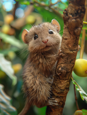 Behold this captivating image of an adorable mouse venturing along a lush tree branch Nestled amidst verdant leaves and delectable fruits, the mouse's tiny form exudes charm and innocence The verdant garden setting, teeming with vibrant hues, offers a tranquil backdrop for this enchanting moment, evoking a sense of serenity and wonder AI Generativeの素材