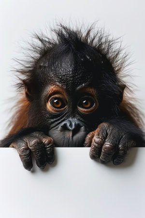 Behold the captivating innocence of an infant orangutan Peering over the edge with wide, curious eyes and tiny hands, this adorable creature exudes a charm that melts hearts Against a plain background, the details of its youthful features are highlighted, showcasing the unparalleled beauty of wildlife in an intimate and unforgettable portrait AI Generativeの素材