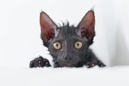 An adorable black cat, soaked to the skin, clings to a white surface Its large, curious eyes and pointed ears create a cute and comical expression, capturing the essence of feline curiosity and innocence AI Generativeの素材