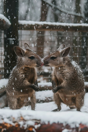 Frolicsome kangaroos bound through a snowy wonderland, their playful antics adding a touch of magic to the pristine landscape Capture the enchanting beauty of nature&#39;s seasonal tapestry as these iconic marsupials create enduring memories in a harmonious coexistence with the wintry wilderness AI Generativeの素材