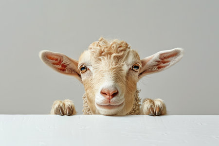 Capture the irresistible charm of a curious baby goat as it peers over a pristine white surface Its wide eyes and playful demeanor are enhanced by its perky ears, which draw the viewer&#39;s attention The light gray backdrop provides a calming contrast, showcasing the goat&#39;s endearing innocence and inquisitiveness This close-up portrait exudes warmth and invites the observer to connect with the animal&#39;s sweet and captivating spirit AI Generativeの素材