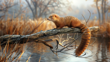 An adorable otter sits perched upon a log amidst the tranquil autumn forest, its playful demeanor contrasting with the serene reflections in the water below The golden hues of the foliage paint a vibrant backdrop, illuminating the otter&#39;s sleek, velvety fur Its whiskers gently twitch, adding a touch of whimsical charm to the enchanting scene AI Generativeの素材