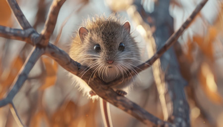 Capture the essence of nature&#39;s charm with this endearing image of a fluffy mouse perched on a tree branch in an autumn forest Bathed in warm sunlight, this adorable creature embodies the beauty of wildlife in its natural habitat Perfect for animal lovers, nature enthusiasts, and anyone seeking a reminder of the wonders of the natural world AI Generativeの素材