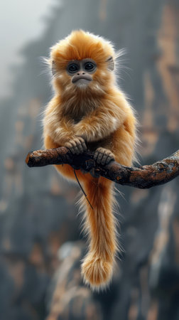 Capture the enchanting beauty of the golden monkey&#39;s world in this breathtaking photo Perched amidst a verdant rainforest canopy in the misty mountains, this playful primate embodies the allure of nature&#39;s wild wonders Its curious gaze and vibrant coat against the lush backdrop highlight the urgent need for conservation and the preservation of these remote ecosystems that nurture our planet&#39;s biodiversity AI Generativeの素材