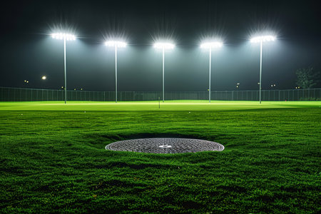 An illuminated stadium under the night sky, casting a radiant glow on the verdant field The absence of spectators creates a serene and tranquil ambiance, inviting outdoor enthusiasts to engage in recreational pursuits amidst the soft glow of the stadium lights AI Generativeの素材