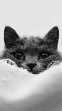 Behold this irresistible feline! A tiny gray kitten, its eyes wide with curiosity, peeks playfully above the edge of a soft, inviting blanket Its fluffy fur adds an irresistible charm, making this close-up portrait the perfect addition to any animal lover&#39;s collection or the ideal gift for cat enthusiasts AI Generativeの素材