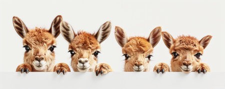 Capture the charm and curiosity of four adorable alpacas peeking over a pristine white surface Their fluffy coats and endearing expressions will captivate animal enthusiasts and inspire delightful designs With its high resolution, this photograph is perfect for capturing the heartwarming moments of these gentle creatures AI Generativeの素材