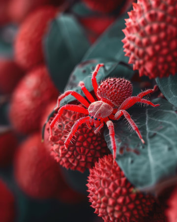 A bold red spider perches majestically on a spiky, ruby-hued fruit amid vibrant green foliage This close-up captures the captivating interconnections and chromatic wonders of the natural world AI Generativeの素材