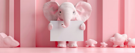 Charming photo capturing an adorable pink elephant holding a blank sign against a minimalistic pink backdrop, surrounded by cute baby elephant figurines Perfect for showcasing announcements, artwork, or creating playful and endearing designs for child-friendly themes AI Generativeの素材