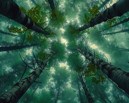 Lose yourself in this enchanting woodland scene Towering trees create a mystical canopy, filtering sunlight through lush greenery Feel the serenity as you gaze up at the majestic branches, reaching for the sky  A perfect blend of tranquility and awe-inspiring nature AI Generativeの素材