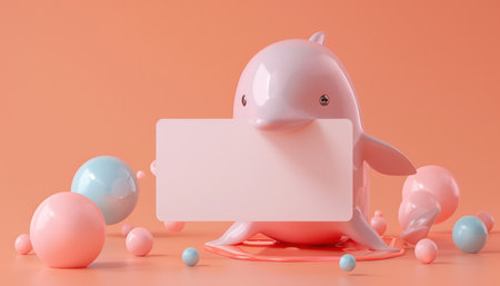 An enchanting pink dolphin frolics amidst pastel-hued balls on a blush-colored backdrop Its adorable pose and innocent gaze invite you to add your message or design to its blank sign, making it a captivating canvas for announcements, greetings, or imaginative creations The soft hues and whimsical ambiance evoke a sense of joy and wonder, capturing hearts and imaginations alike AI Generativeの素材