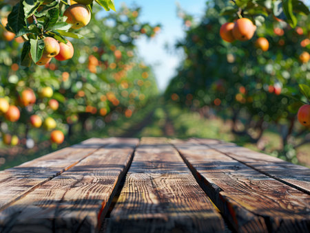 A rustic wooden table sits invitingly under the dappled shade of apple trees laden with ripe, red fruit  Golden sunlight bathes the scene, creating a peaceful and picturesque moment in a blooming orchard  The air is filled with the sweet scent of apples and the gentle rustling of leaves AI Generativeの素材