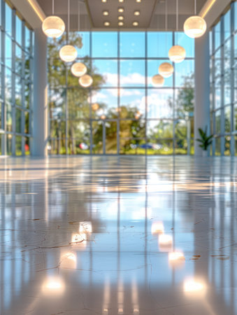 A contemporary lobby bathed in natural light streaming through expansive glass windows Elegant lighting fixtures cast warm glows across the polished, reflective floors The breathtaking outdoor view adds a touch of serenity to this stylish and welcoming space AI Generativeの素材