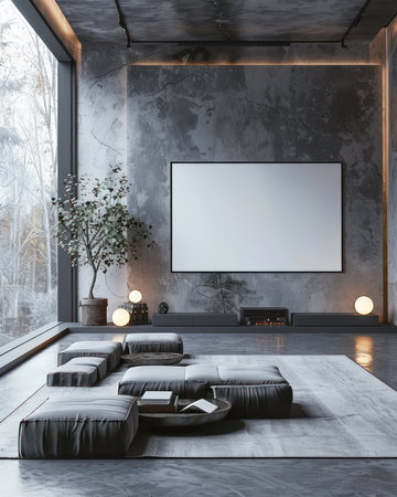 A sleek, modern living room in a concrete loft boasts a large window bathing the space in natural light Floor cushions offer casual seating, while a projector screen adds entertainment Minimalist decor and clean lines create a serene and stylish ambiance Perfect for a contemporary lifestyle AI Generativeの素材