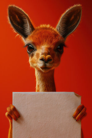 Behold the irresistible charm of an adorable cartoon animal adorning a blank sign against an electrifying crimson backdrop This captivating image showcases the animal&#39;s expressive eyes and endearing demeanor, inviting endless possibilities for creative storytelling and memorable designs AI Generativeの素材