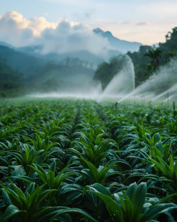 A tranquil dawn scene unfolds across a serene agricultural landscape Misty mountains rise in the distance, while irrigation systems gently water lush crops The peaceful atmosphere is enhanced by the soft morning light, creating a harmonious blend of nature&#39;s beauty and human industry AI Generativeの素材