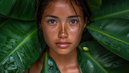 A close-up portrait of a young woman with freckles, her face framed by vibrant green leaves Immersed in a lush tropical environment, she exudes natural beauty and serenity, as sunlight filters through the foliage, highlighting her features The image captures the tranquility of nature, with a focus on the woman&#39;s radiant, youthful charm AI Generativeの素材