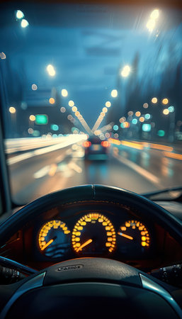 A captivating POV shot through a car windshield on a bustling highway at night The city lights blur into streaks of color as traffic whizzes by, creating a mesmerizing and dynamic scene The atmosphere is both exhilarating and slightly ominous, capturing the energy and chaos of urban life after dark AI Generativeの素材