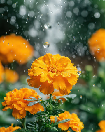 Radiant orange marigold flowers burst with life in a lush garden, their petals glistening with fresh rain droplets The vibrant scene evokes a sense of joyful renewal, as nature&#39;s beauty sparkles under the soft, morning light This captivating image captures the refreshing and invigorating power of a summer shower AI Generativeの素材