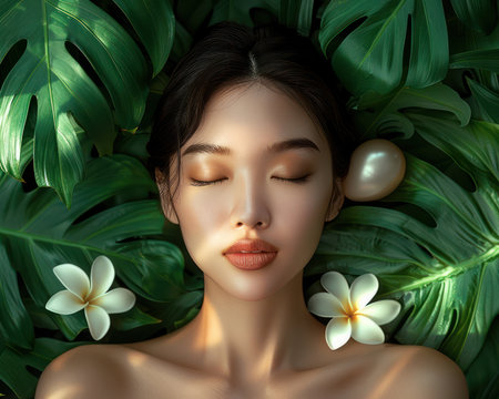 A woman bathed in the soft light of a tropical paradise, surrounded by lush foliage and delicate plumeria flowers  She wears a single pearl, a symbol of elegance and serenity This captivating image captures the tranquility of nature and the timeless beauty of the human spirit AI Generativeの素材