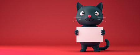An adorable and expressive black cartoon cat holds a blank sign with a vibrant red background, ready to showcase your custom messages or announcements Its playful pose and whimsical style bring a touch of charm and humor to any communication, making it perfect for social media, flyers, or greeting cards AI Generativeの素材