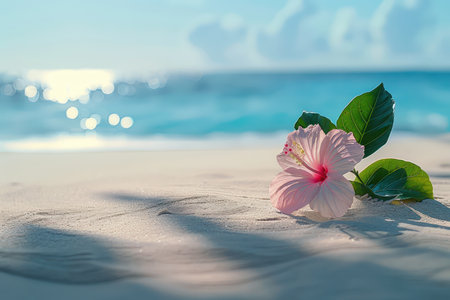 A delicate pink hibiscus blossom rests on pristine white sand, its petals unfurling against a backdrop of azure ocean waves The cerulean sky stretches above, creating a serene and idyllic beach scene Tranquility radiates from this idyllic moment, capturing the essence of a perfect beach escape AI Generativeの素材