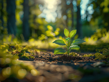 A tender green sprout emerges from the forest floor, bathed in soft sunlight Its delicate leaves unfurl, a symbol of new life and growth Lush greenery surrounds it, showcasing nature&#39;s cycle of renewal and the enduring beauty of the natural world AI Generativeの素材
