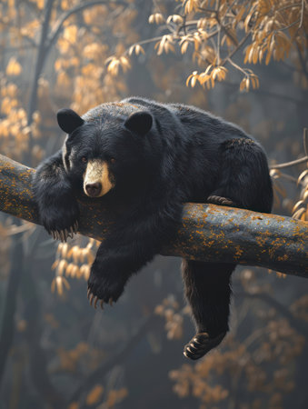 Witness the serene solitude of a majestic black bear resting on a tree branch, surrounded by the vibrant hues of an autumn forest This captivating wildlife image captures the tranquil beauty of nature, showcasing the bear&#39;s majestic presence amidst the changing foliage Ideal for wildlife enthusiasts and lovers of nature&#39;s tranquility AI Generativeの素材