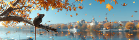 Tranquil autumn landscape showcases golden and crimson hues of foliage, painting a picturesque canvas around a serene lake A solitary squirrel rests on a tree branch, its bushy tail swaying gently in the autumn breeze, overlooking the tranquil waters In the distance, a charming town nestles amidst the vibrant tapestry of fall, adding a touch of human presence to the idyllic scene AI Generativeの素材
