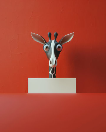 Unleash your creativity with this eccentric giraffe sculpture! Its quirky stance against a vibrant red backdrop sets the scene for a playful and imaginative atmosphere This unique animal figurine adds a touch of whimsy to your home dÃ©cor, while its minimalist design complements any modern interior With ample space for text, it transforms into a canvas for your artistic expression AI Generativeの素材